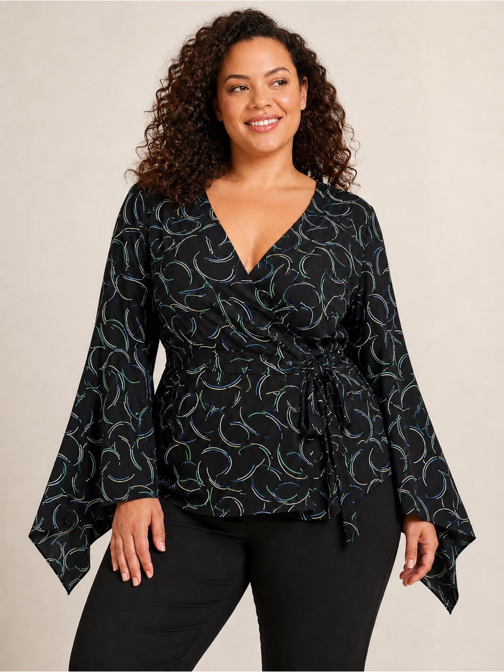 Lane Bryant‎ Black Wrap Blouse with Green and Light Blue Swirl Print - Picture 9 of 9